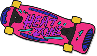 Ilustration of an awesome 80s skateboard with a HEAT ZONE text overlay